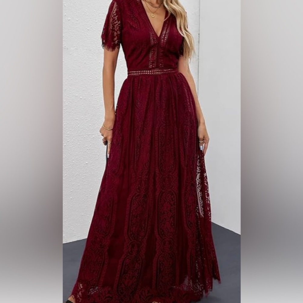 Burgundy Women V Neck Floral Lace Short Sleeve Maxi Dress Casual